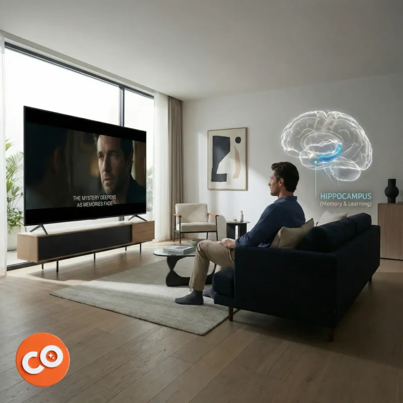 Viewer showing emotional reaction while watching a film with subtitles