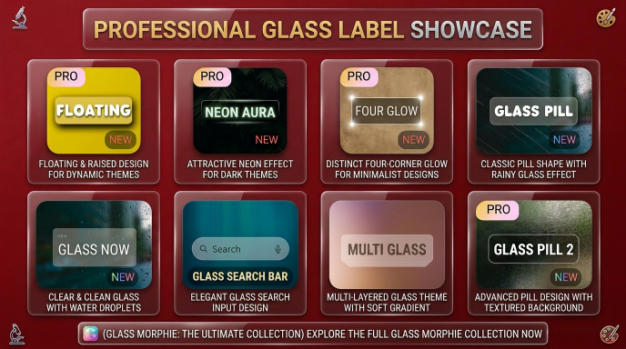 Fonto glass label collection showing Glass Pill, Floating, Neon Aura, Four Glow, Glass Search Bar, and Multi Glass styles