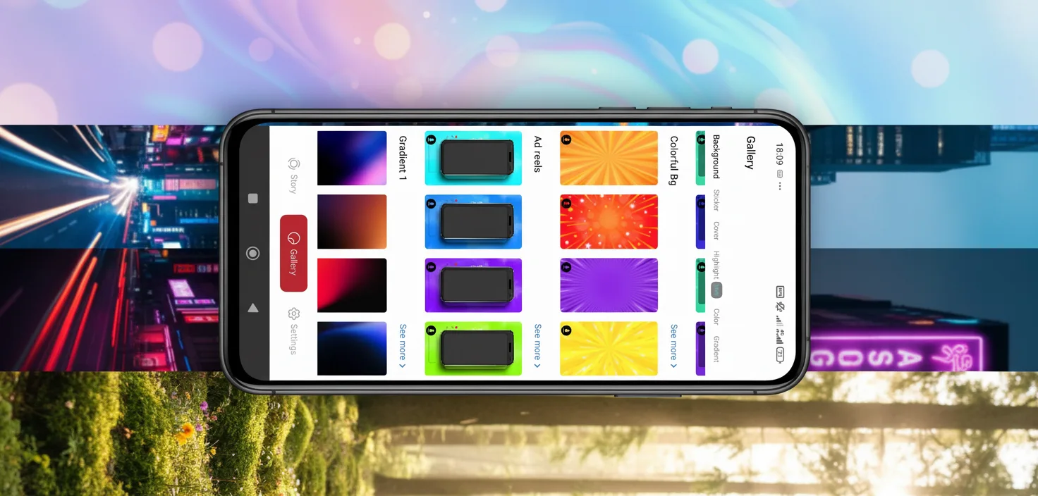 Fonto Gallery showing Background, Story Cover, Highlight Cover, Labels categories and Gradient backgrounds